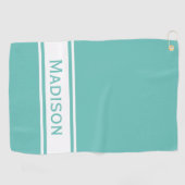 Serviette De Golf Lumière Turquoise Bande Blanche Nom moderne Monogr (Horizontal)