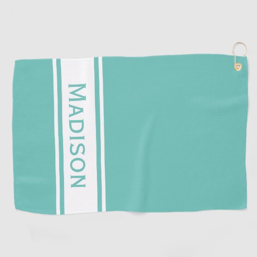 Serviette De Golf Lumière Turquoise Bande Blanche Nom moderne Monogr (Horizontal)