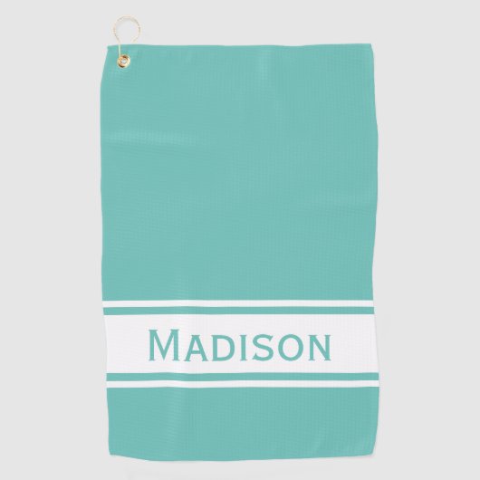 Serviette De Golf Lumière Turquoise Bande Blanche Nom moderne Monogr (Devant)