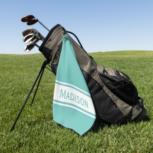Serviette De Golf Lumière Turquoise Bande Blanche Nom moderne Monogr (Vert)
