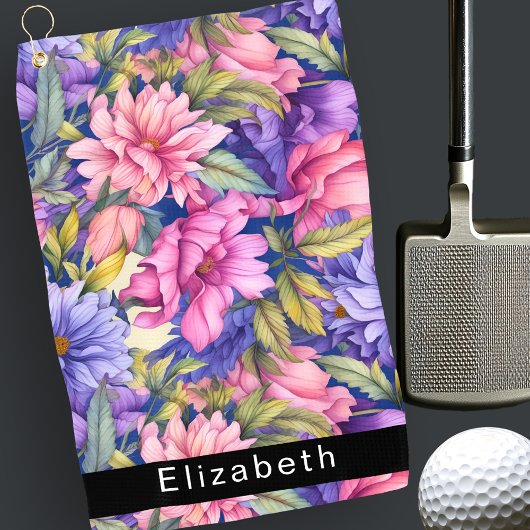 Serviette De Golf Lush Pink and Purple Flowers Personalized