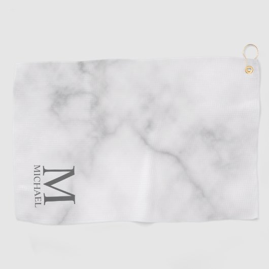 Serviette De Golf Marbre blanc Monogramme personnalisé et nom (Horizontal)