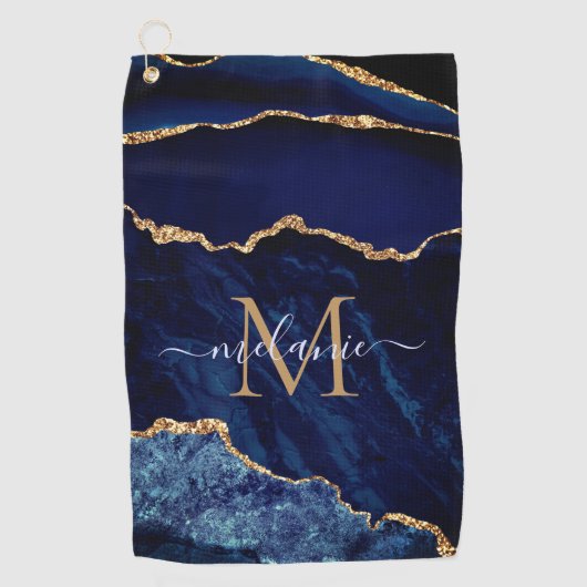 Serviette De Golf Marbre bleu marine Marbre or Monogramme Nom Servie (Devant)