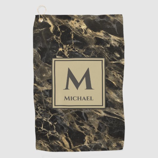 Serviette De Golf Marbre noir et or Luxe Monogramme (Devant)