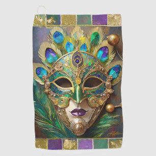 Serviette De Golf Mardi Gras Gold Ceramic Peacock Feature Masque