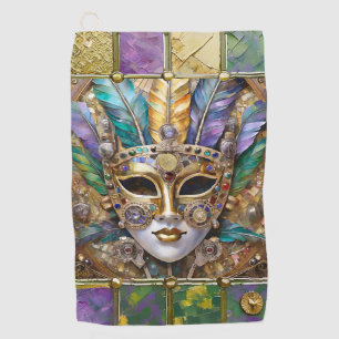 Serviette De Golf Mardi Gras Or & Céramique Masque de plumes colorée