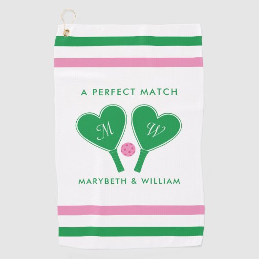 Serviette De Golf Mariage Vert et Rose Prépa Pickleball (Devant)