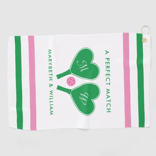 Serviette De Golf Mariage vert et rose Préparatoire Pickleball (Horizontal)