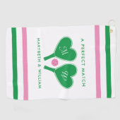 Serviette De Golf Mariage Vert Prépa et Rose Pickleball (Horizontal)