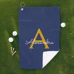 Serviette De Golf Marine Blue Gold Modern Script Girl Monogramme Nom<br><div class="desc">Nom Marine Blue et or Monogramme serviette de golf. Cela rend le cadeau parfait pour 16 ans,  mariage,  douche nuptiale,  anniversaire,  baby shower ou bachelorette pour quelqu'un qui aime le luxe glam et les styles chic.</div>