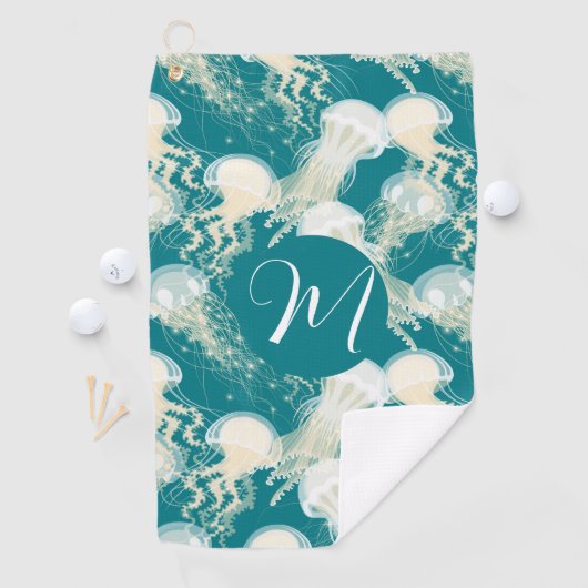 Serviette De Golf Méduse En Bleu Océan Été Saison Monogramme (En situation)