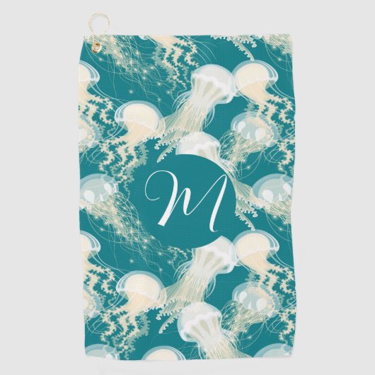 Serviette De Golf Méduse En Bleu Océan Été Saison Monogramme (Devant)