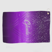 Serviette De Golf Métal brossé violet moderne avec Monogramme argent (Horizontal)