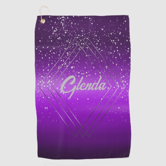 Serviette De Golf Métal brossé violet moderne avec Monogramme argent (Devant)