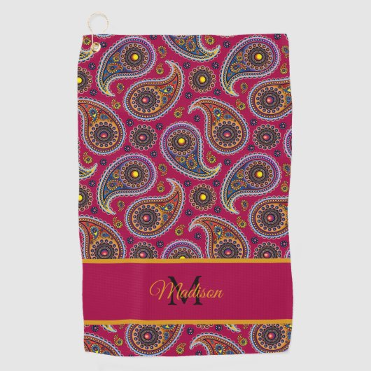 Serviette De Golf Mignonne Classic Paisley Rouge Jaune Monogramme (Devant)