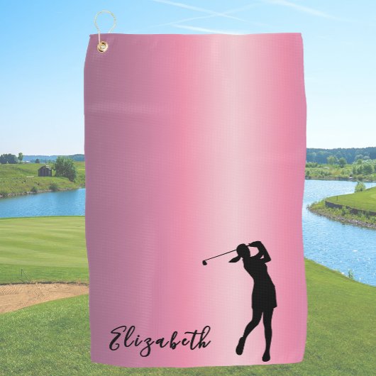 Serviette De Golf Modern Pink Metallic Look Lady Golfer Custom Name