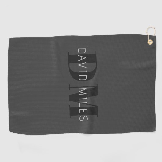 Serviette De Golf Moderne gris foncé et noir Nom et monogramme modif (Horizontal)