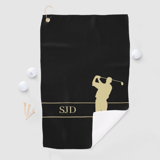 Serviette De Golf Monogram Gold Golfer on Black (En situation)