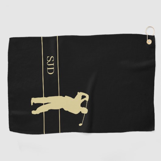 Serviette De Golf Monogram Gold Golfer on Black (Horizontal)