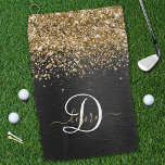 Serviette De Golf Monogramme à étincelle noire à Parties scintillant<br><div class="desc">Personnalisez facilement ce design élégant et branché de serviettes de golf avec une jolie parties scintillant dorée brillante sur un arrière - plan métallique brossé noir.</div>