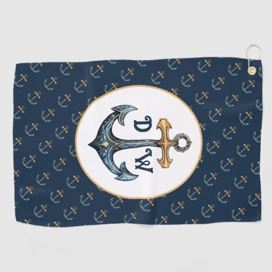 Serviette De Golf Monogramme Ancre bleu marine (Horizontal)