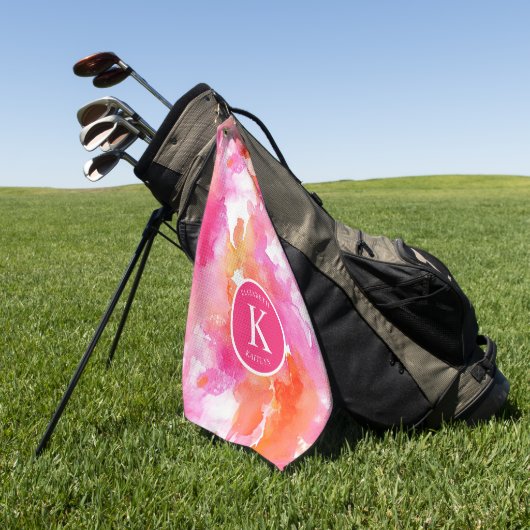 Serviette De Golf Monogramme Aquarelle Rose Orange Abstrait (Vert)