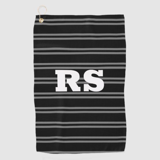 Serviette De Golf Monogramme blanc gras, lignes grises sur noir (Devant)