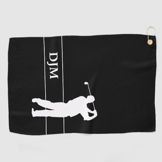 Serviette De Golf Monogramme blanc sur Noir Silhouette Golfer (Horizontal)
