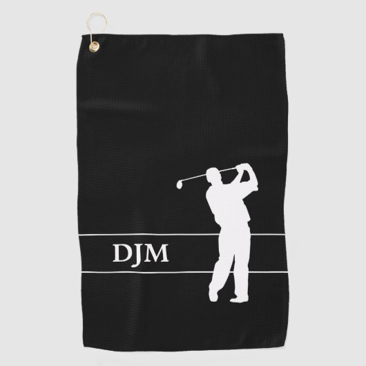 Serviette De Golf Monogramme blanc sur Noir Silhouette Golfer (Devant)