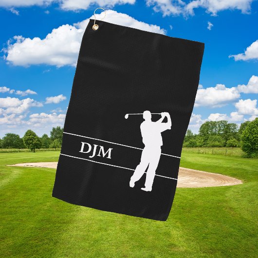 Serviette De Golf Monogramme blanc sur Noir Silhouette Golfer