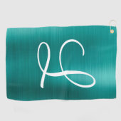 Serviette De Golf Monogramme blanc Turquoise en métal brossé chic (Horizontal)