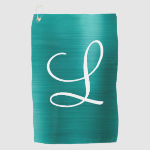 Serviette De Golf Monogramme blanc Turquoise en métal brossé chic