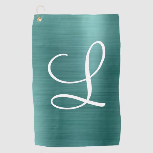 Serviette De Golf Monogramme blanc Turquoise en métal brossé chic (Devant)