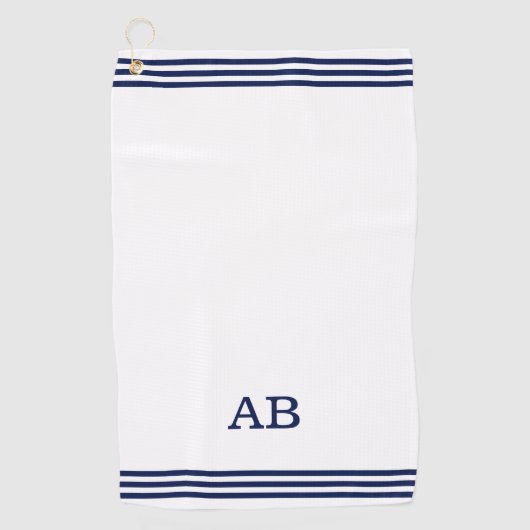 Serviette De Golf Monogramme bleu et trois bandes sur blanc (Devant)