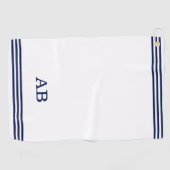 Serviette De Golf Monogramme bleu et trois bandes sur fond blanc (Horizontal)