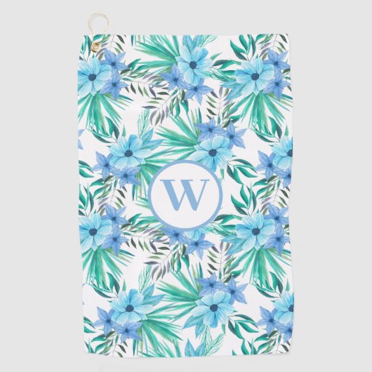 Serviette De Golf Monogramme Bleu Floral Tropical Botanique (Devant)