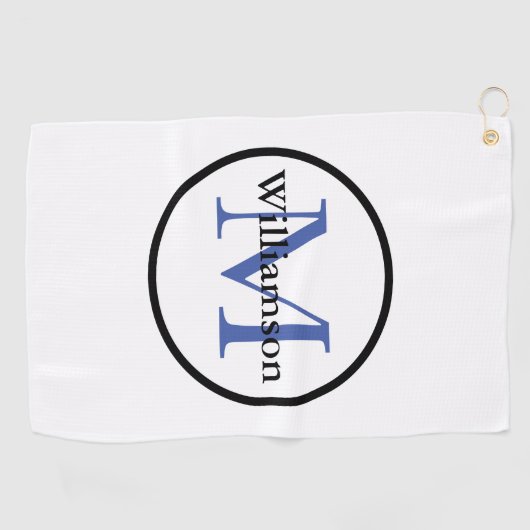 Serviette De Golf Monogramme classique Initial & Nom Bleu & Noir (Horizontal)