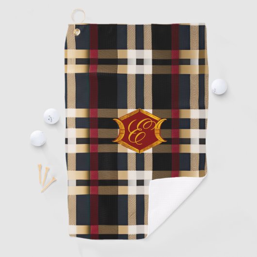 Serviette De Golf Monogramme Classique Style Plaid Noir Rouge & Beig (En situation)