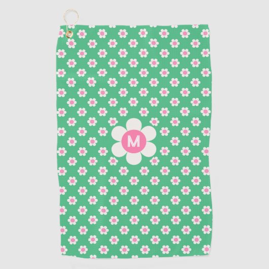 Serviette De Golf Monogramme Custom Retro Daisis rose et vert (Devant)