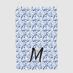 Serviette De Golf Monogramme d'art fin en mosaïque de feuilles bleue