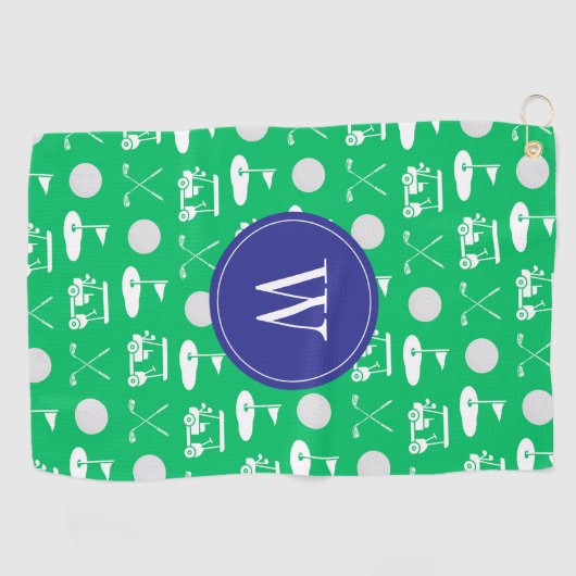 Serviette De Golf Monogramme de golf bleu et vert (Horizontal)