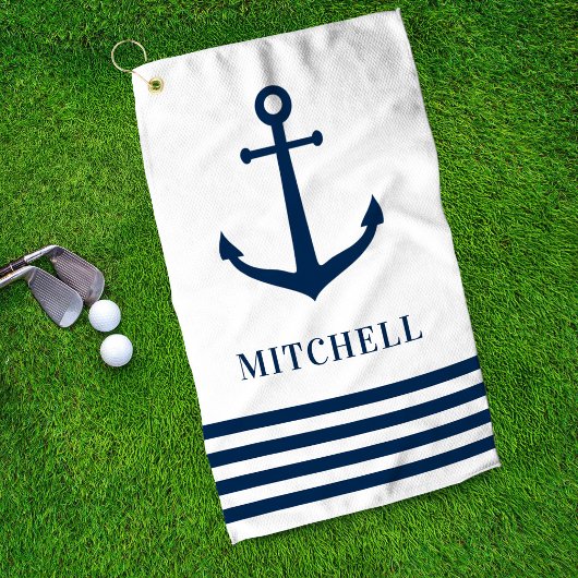 Serviette De Golf Monogramme de nom à rayure d'ancre blanche nautiqu