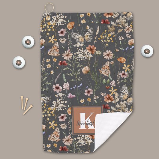 Serviette De Golf Monogramme de nom floral Boho moderne