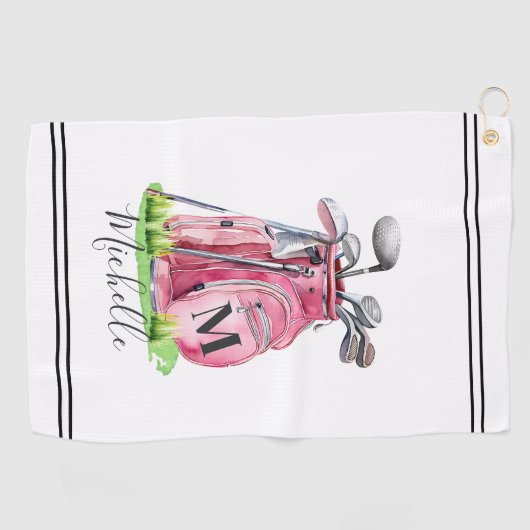 Serviette De Golf Monogramme de nom initial rose (Horizontal)
