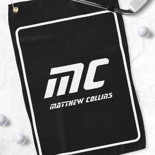 Serviette De Golf Monogramme de sport simple noir et blanc moderne