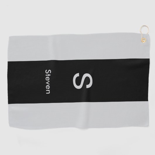 Serviette De Golf Monogramme deux tons moderne noir et gris (Horizontal)