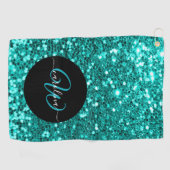 Serviette De Golf monogramme élégant aqua nom de parties scintillant (Horizontal)