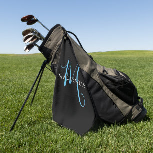 Serviette De Golf Monogramme élégant moderne noir bleu ciel écriture