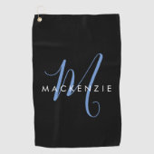 Serviette De Golf Monogramme élégant moderne noir bleu script (Devant)