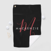 Serviette De Golf Monogramme élégant moderne noir rouge script (En situation)